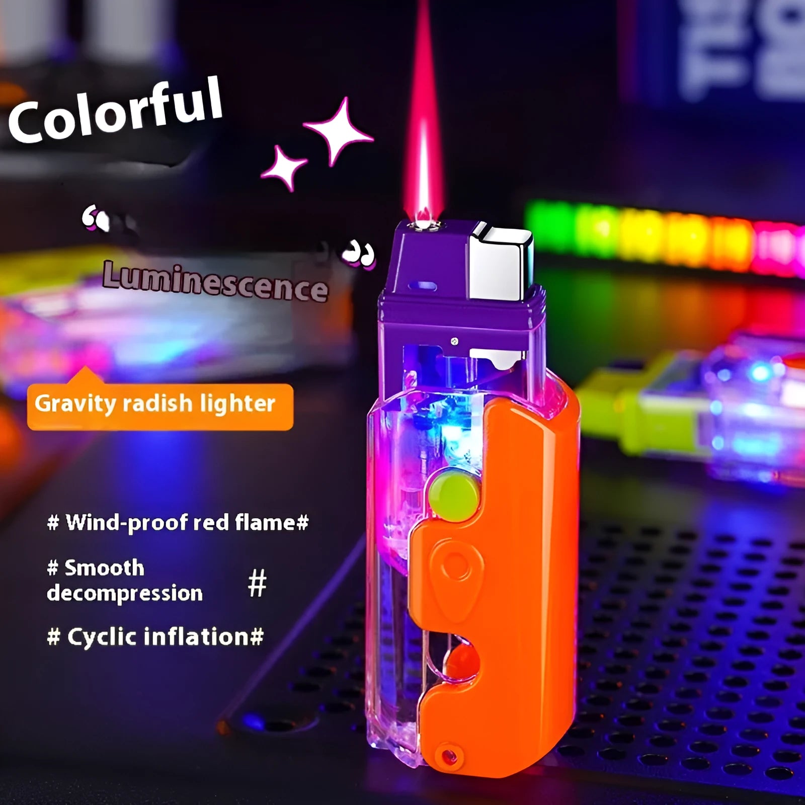 Orange, purple and green colourful plastic windproof lighter on a white background.