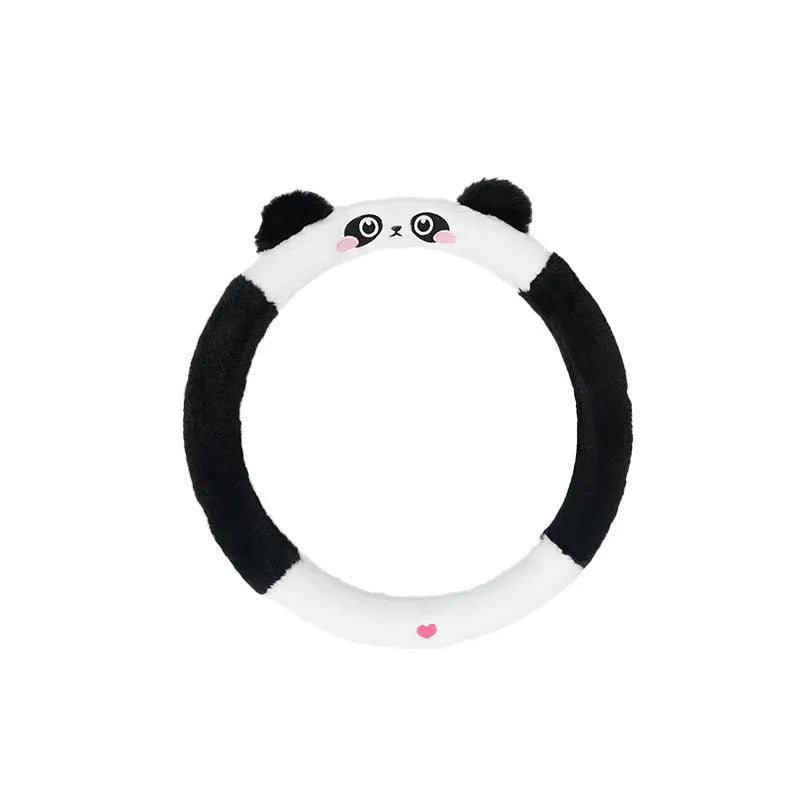 Plush steering wheel cover with cartoon animal embroidery for winter thermal insulation