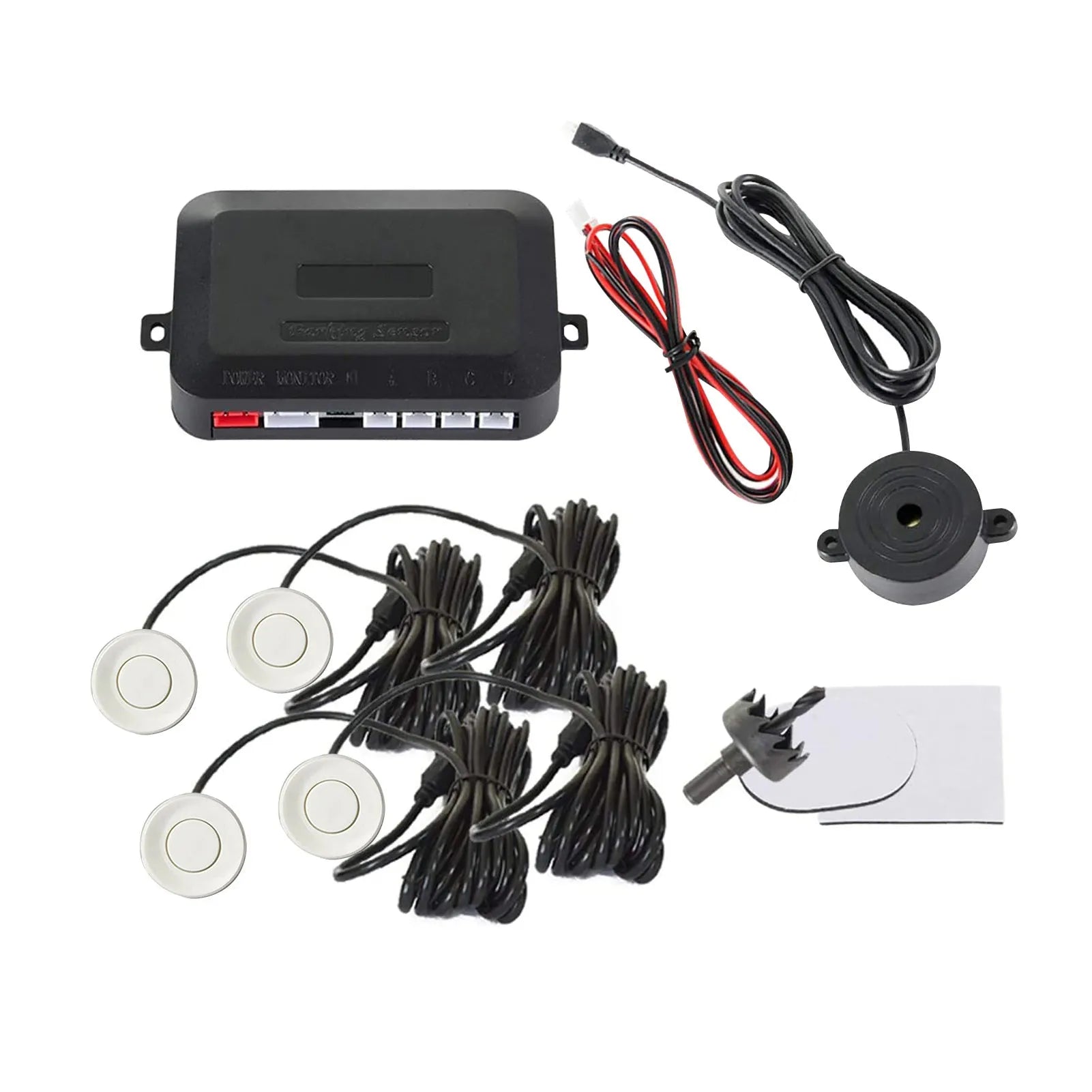 4-probe car parking sensor system with buzzer alert module, sensors in multiple colours, hole saw and installation cables