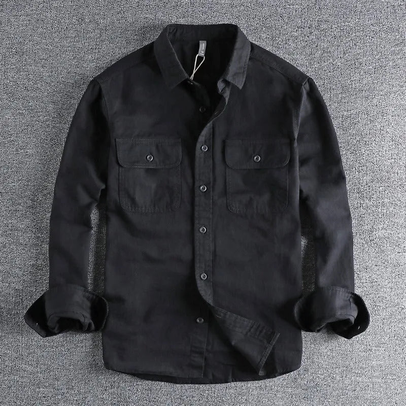 Man wearing loose fit long sleeve shirt overalls in cardigan style, made from polyester fabric