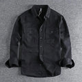 Man wearing loose fit long sleeve shirt overalls in cardigan style, made from polyester fabric