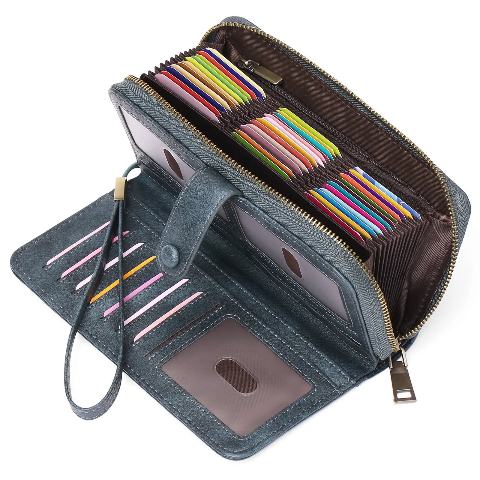 Women's expanding long wallet in denim blue showing card slots and passport pocket with anti-theft swiping feature