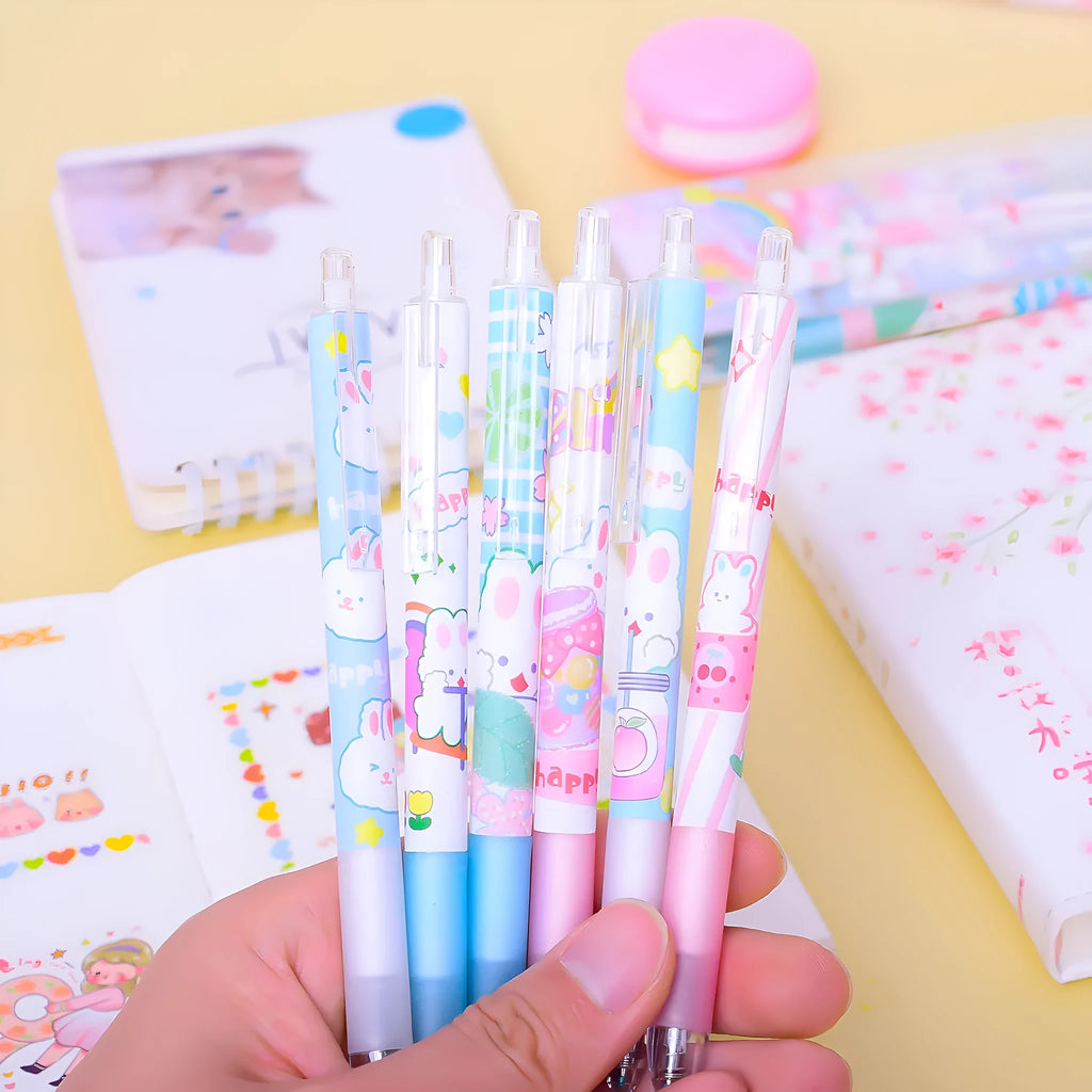 Six cartoon bunny design black pens with 0.5mm tips in packaging