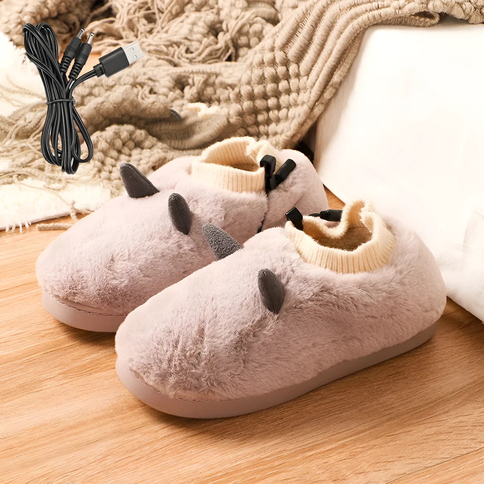 USB electric foot warmer slippers in black, grey, matcha green, and taro colours with soft velvet upper.