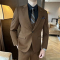 Men's slim-fit business trousers in camel, brown, and dark green viscose blend fabric