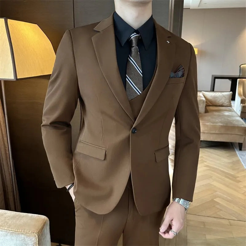 Men's slim-fit business trousers in camel, brown, and dark green viscose blend fabric