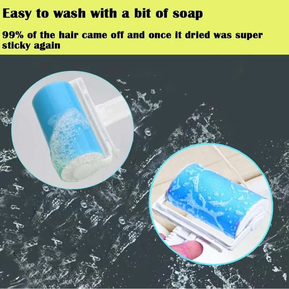 Blue washable reusable lint roller with cover for removing pet hair from clothes and furniture.
