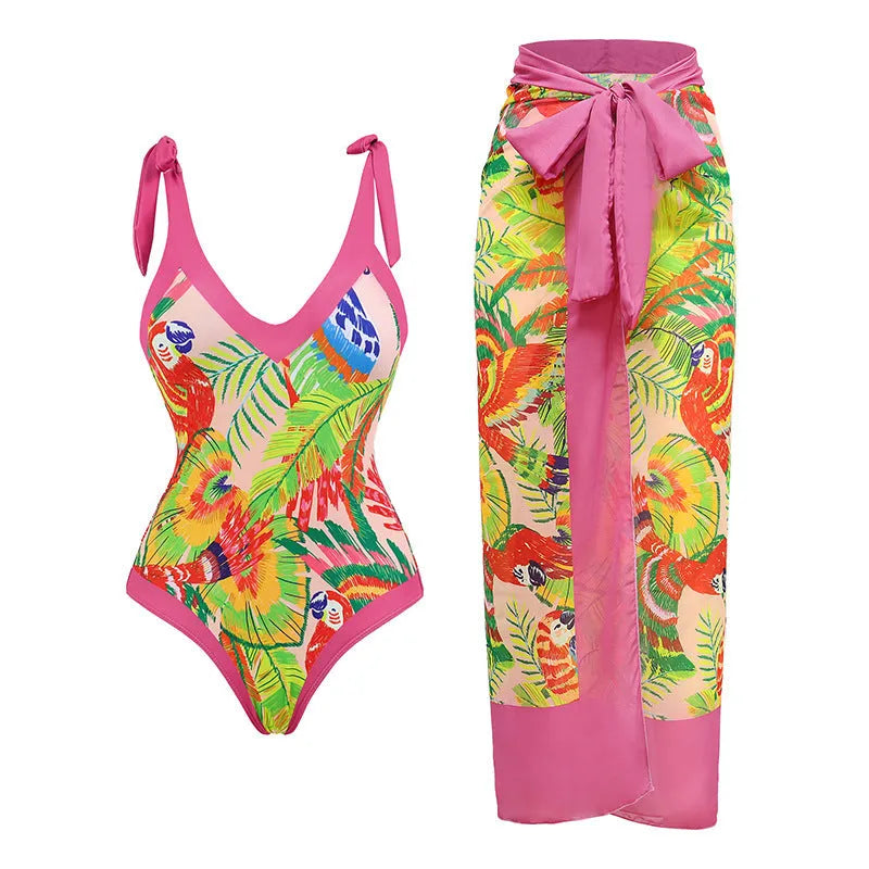Women's pink floral print retro one-piece swimsuit with V-neck and matching skirt