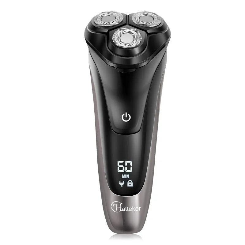 Men's electric shaver grooming kit with three rotating heads and a pop-up sideburn trimmer on a USB charging cable