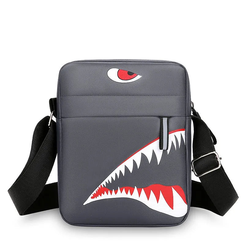 Men's small black crossbody bag with an animal pattern made from oxford cloth.