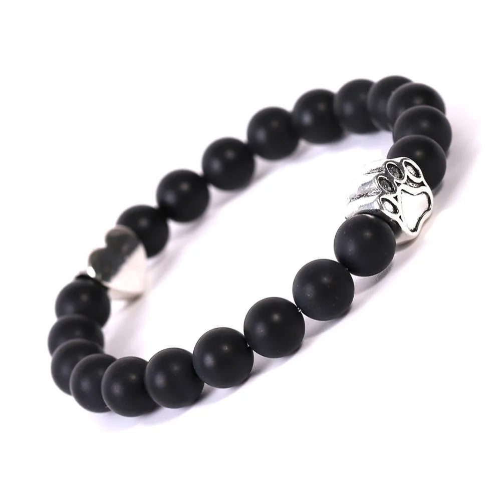 Indian agate stone bracelet with geometric dog's paw charm and heart detail on round beads