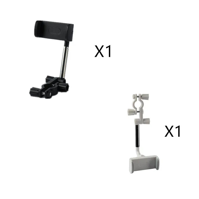 Black ABS plastic mobile phone bracket mounted on vehicle rearview mirror holding smartphone
