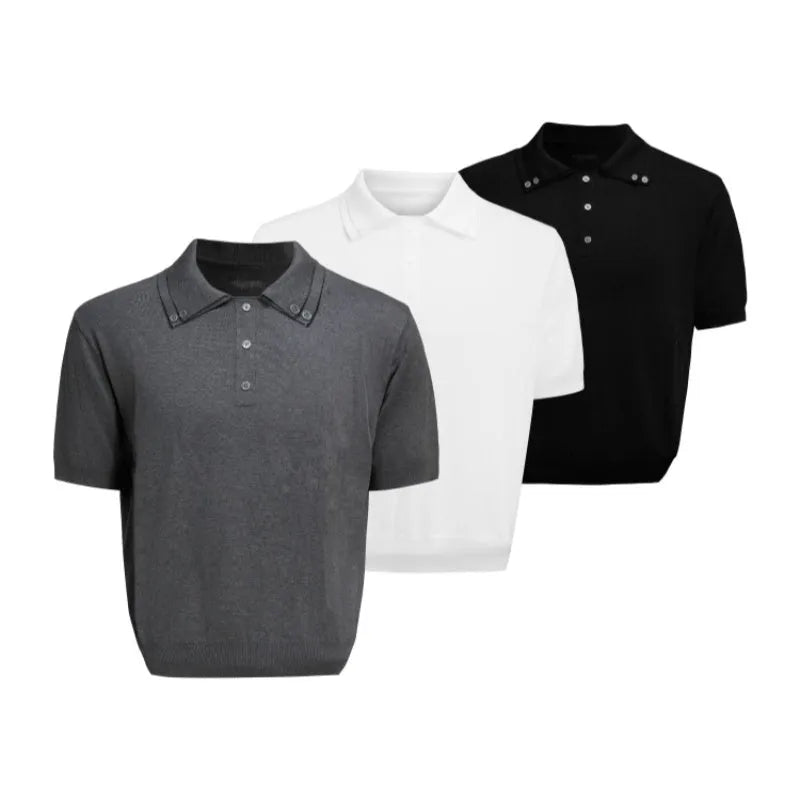 Man wearing a grey double collar knit short sleeve t-shirt.