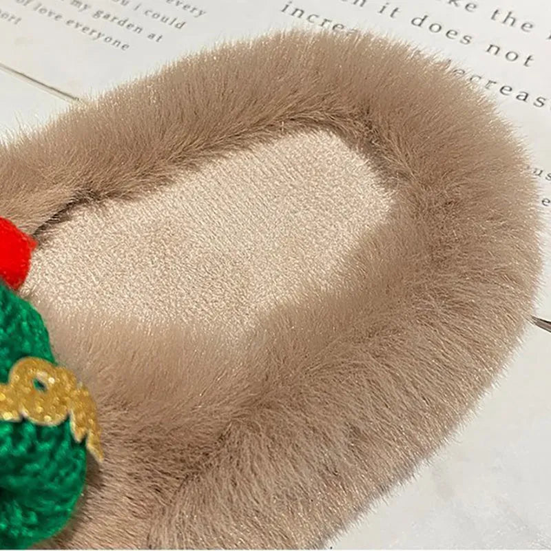 Women's Christmas slippers with hat decoration on super hairy plush upper, shown in black, khaki, and white colours.