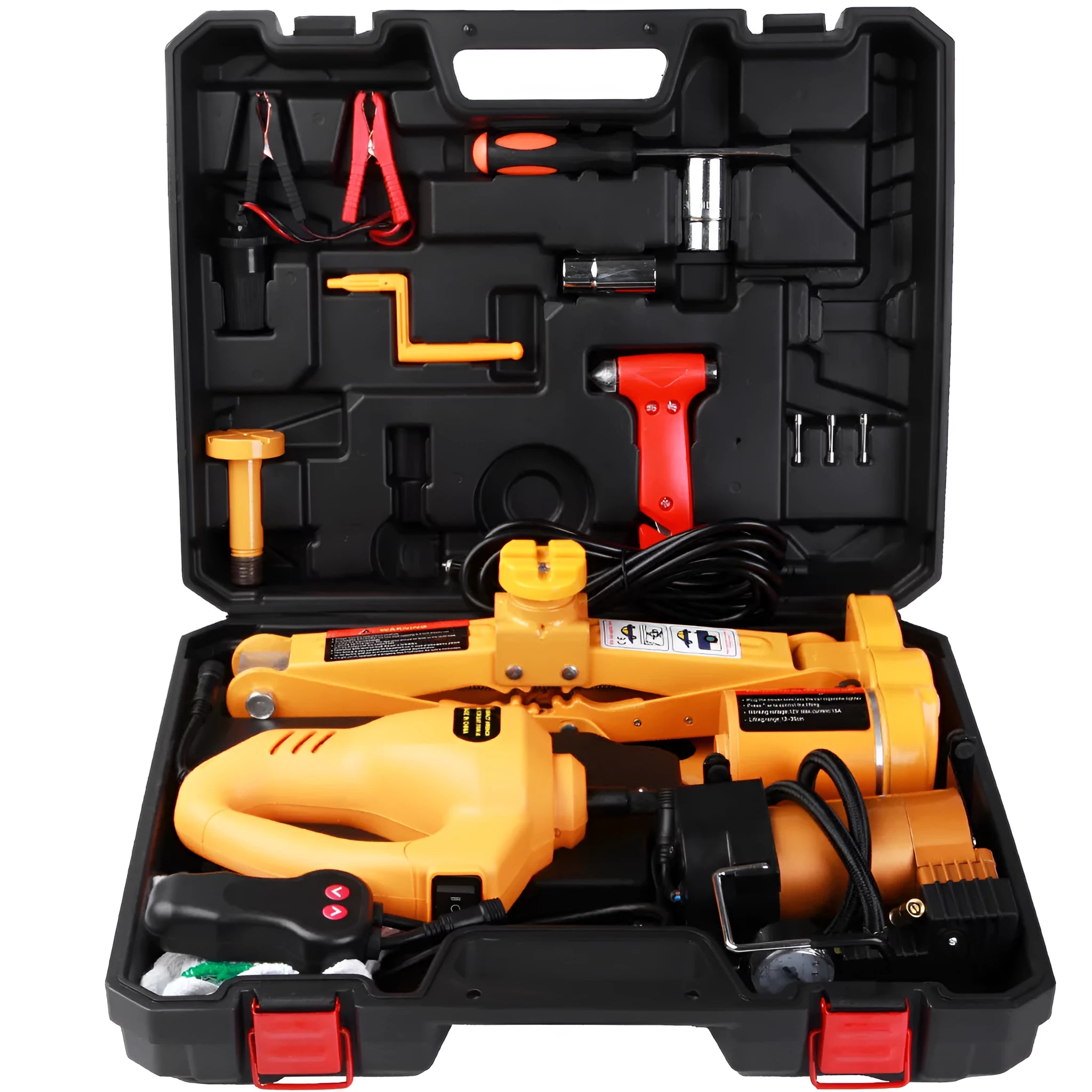Yellow electric car jack and wrench set for vehicle lifting and tyre changes