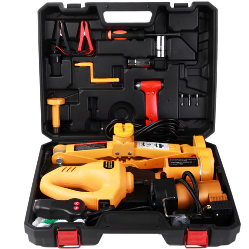 Yellow electric car jack and wrench set for vehicle lifting and tyre changes