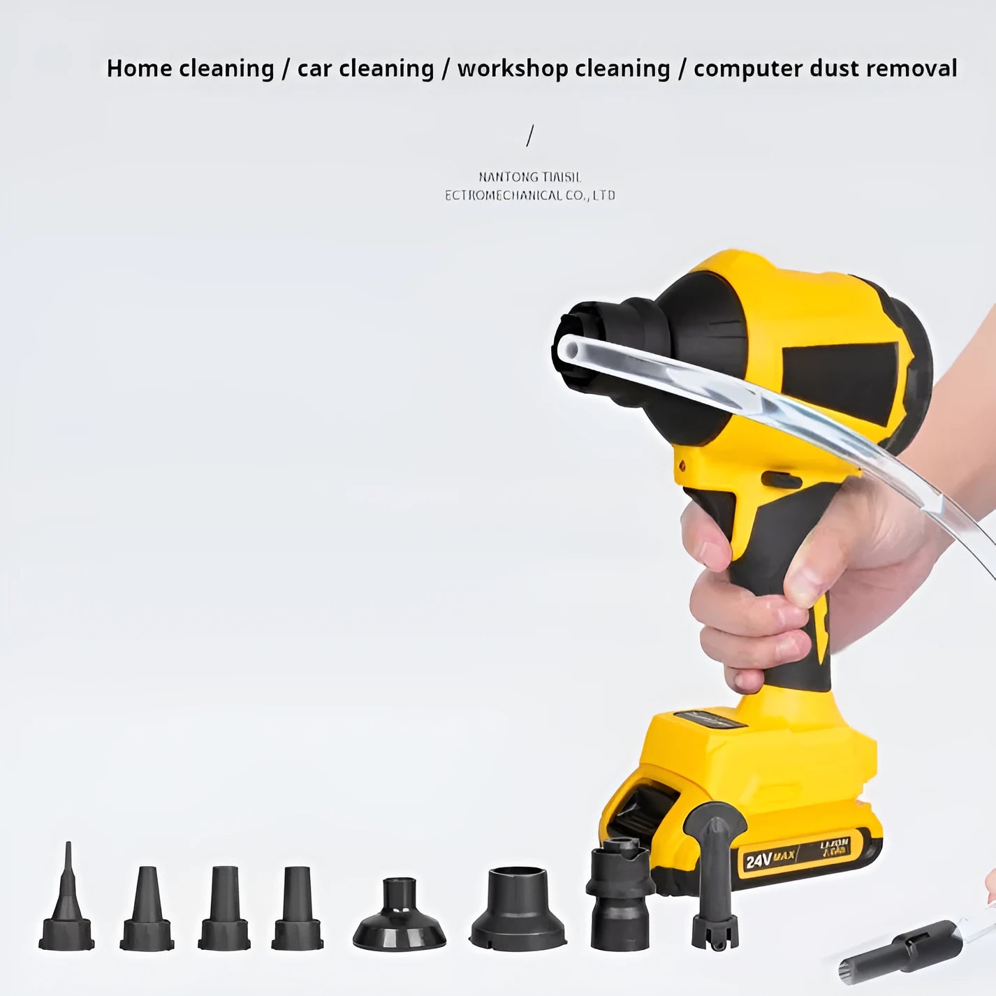 Yellow handheld cordless dust blower and inflator gun with nozzle, powered by an 18V lithium-ion battery.