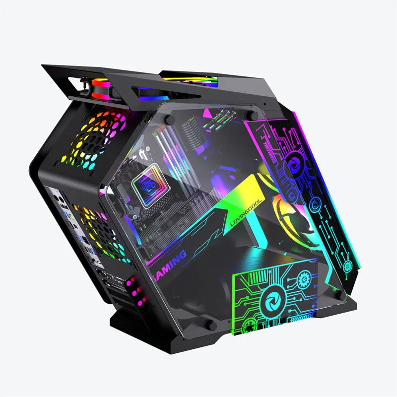 Table-type bare metal e-sports PC chassis with optional RGB fan lighting on SECC board construction