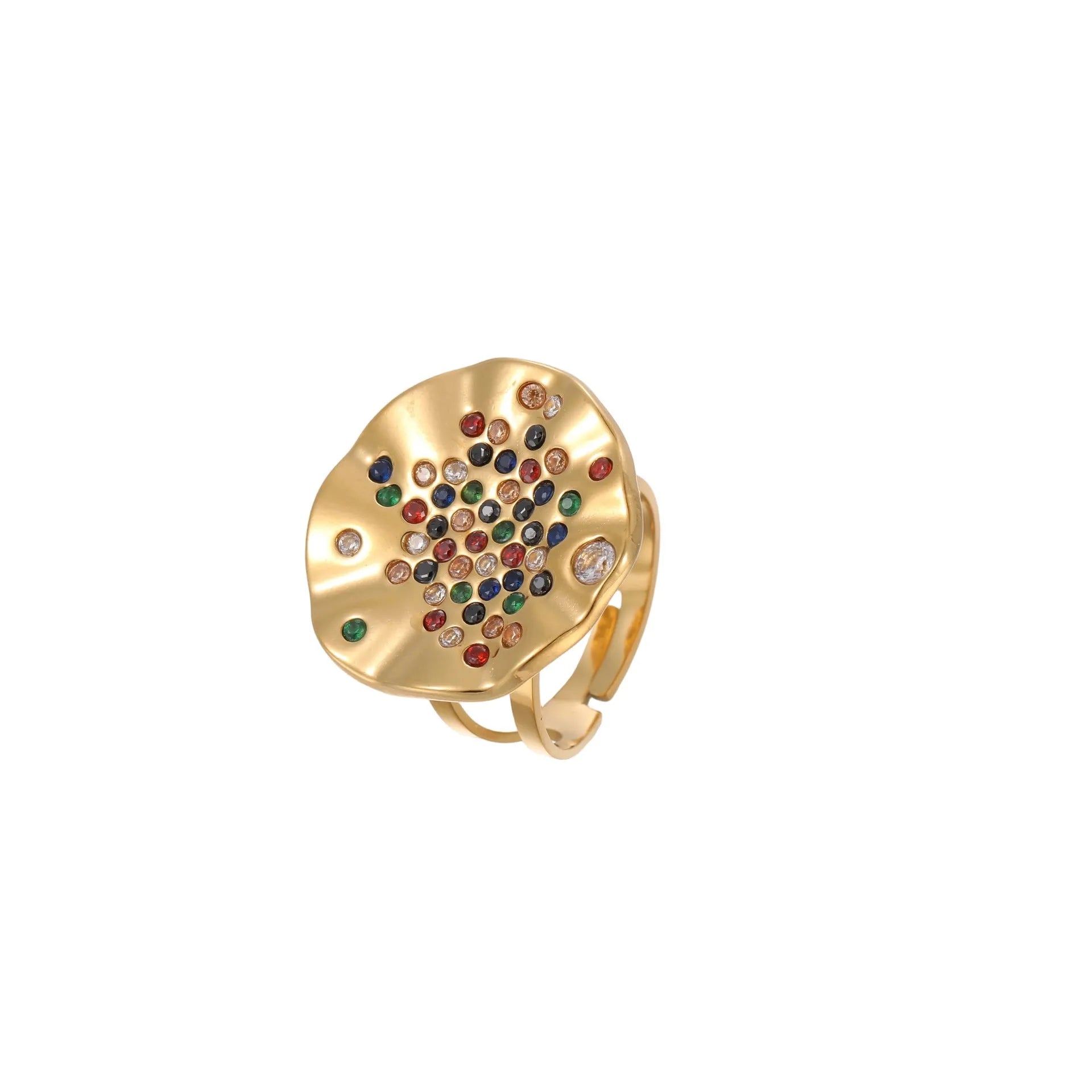 Geometric adjustable stainless steel ring with colourful crystal inlay and open mouth design
