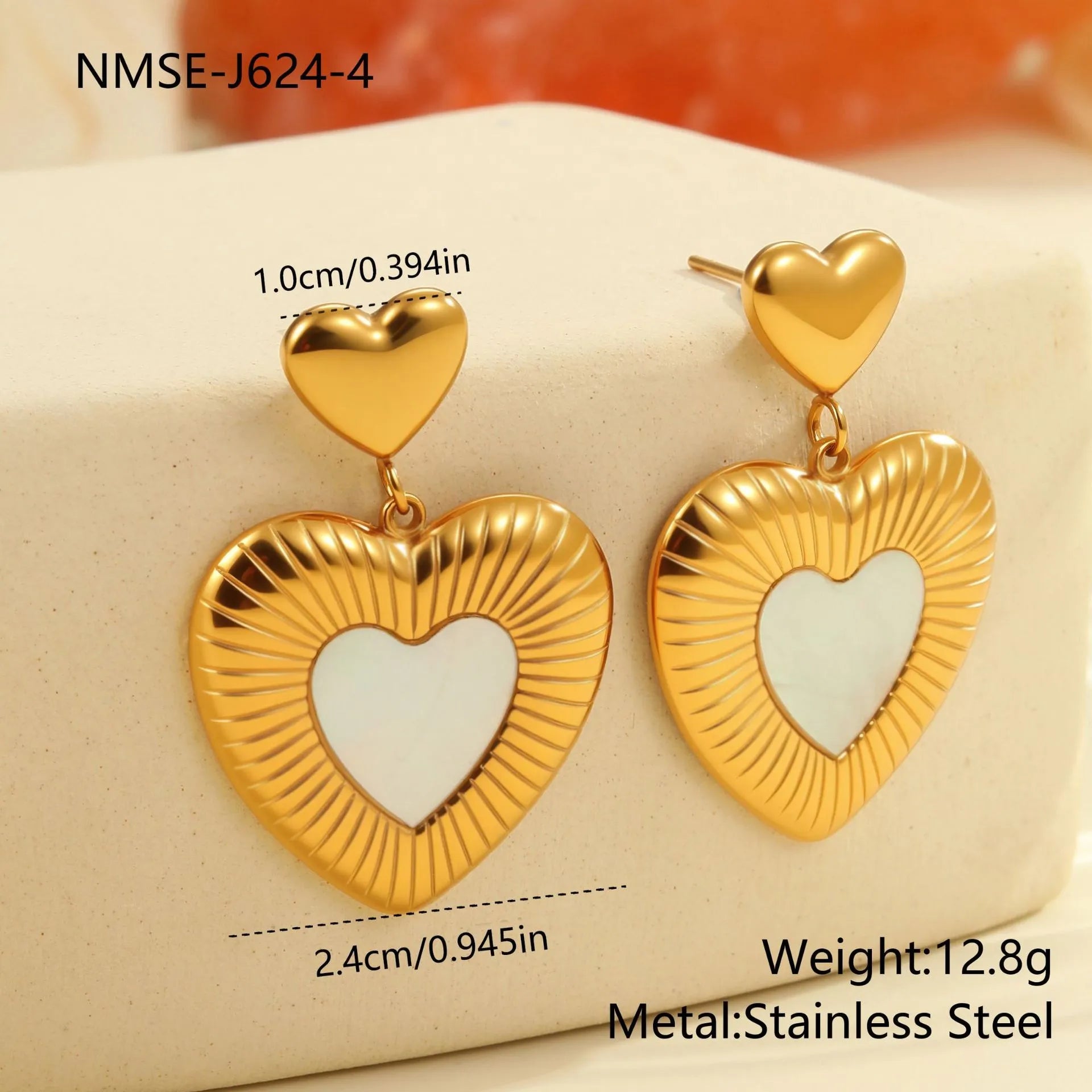 Heart-shaped gold electroplated stainless steel fritillary drop earrings for women