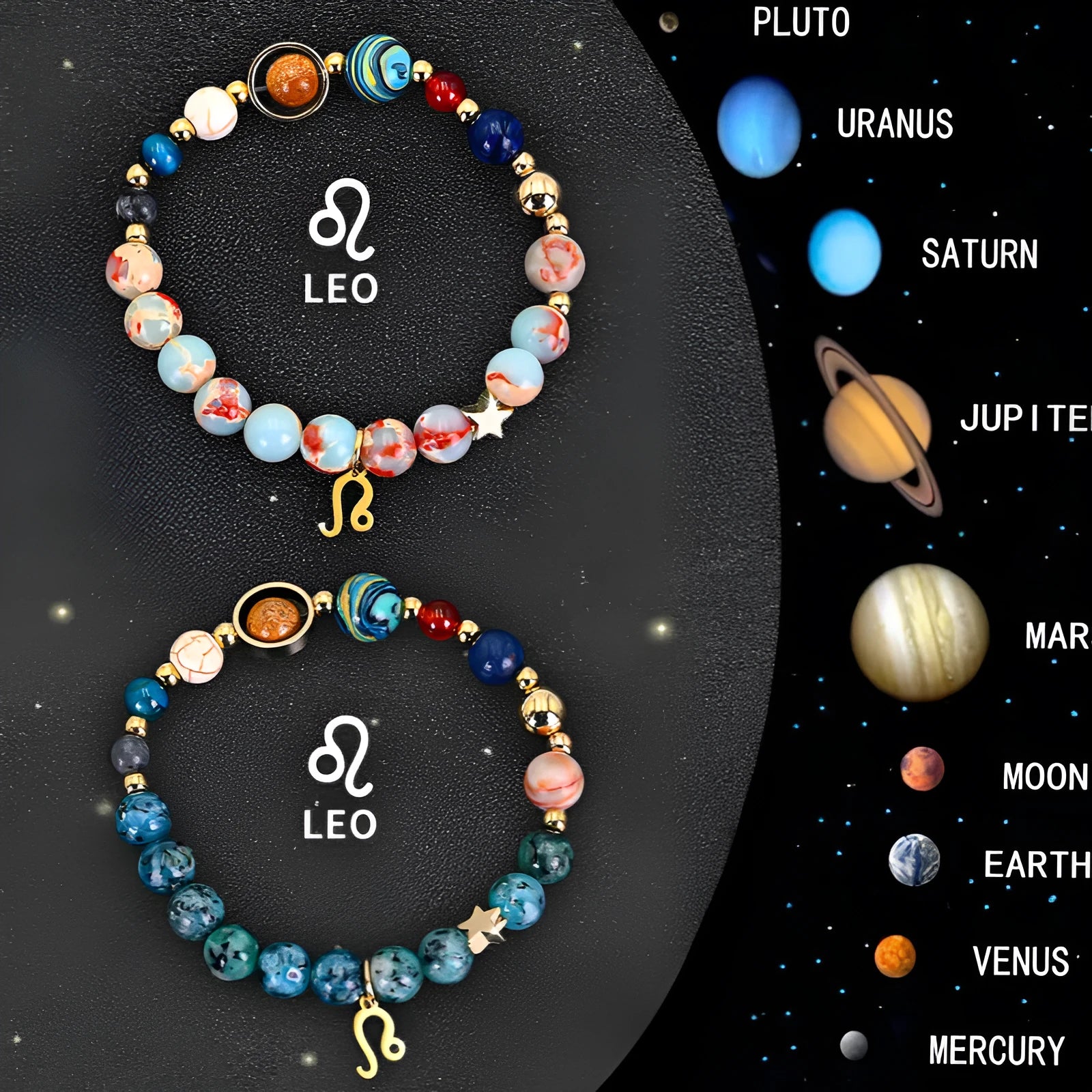 Set of twelve natural stone beaded bracelets laid out, each with a different design representing a zodiac sign.