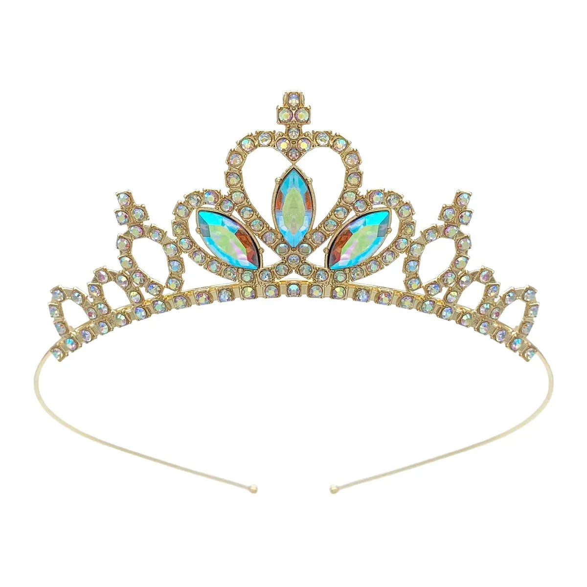 Girl's electroplated alloy princess crown headdress in gold and silver colour variations with gemstone-effect finishes.