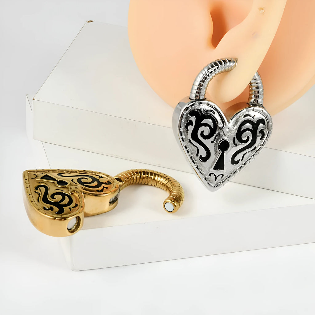 Women's heart-shaped stainless steel earrings in gold and steel colour options