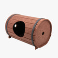 Assembled wine barrel shaped cat bed made from grey polyester fibre felt.