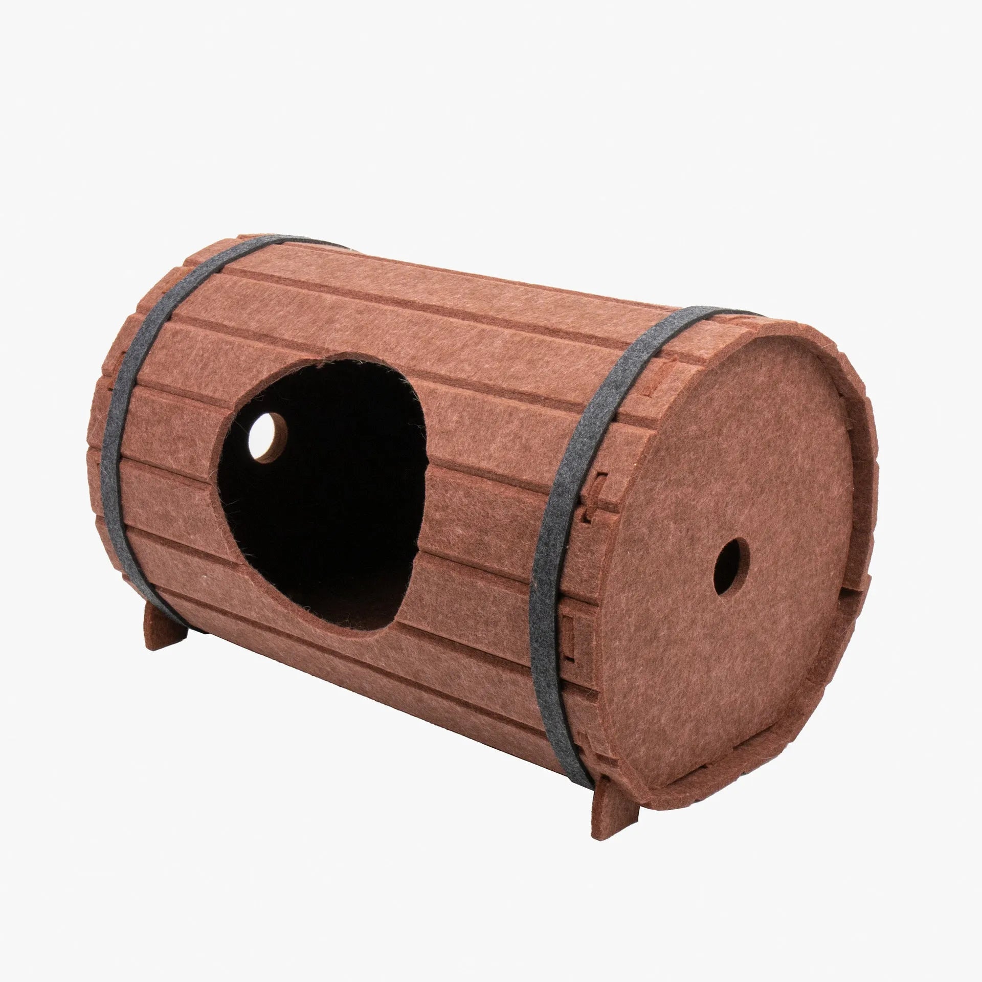 Assembled wine barrel shaped cat bed made from grey polyester fibre felt.