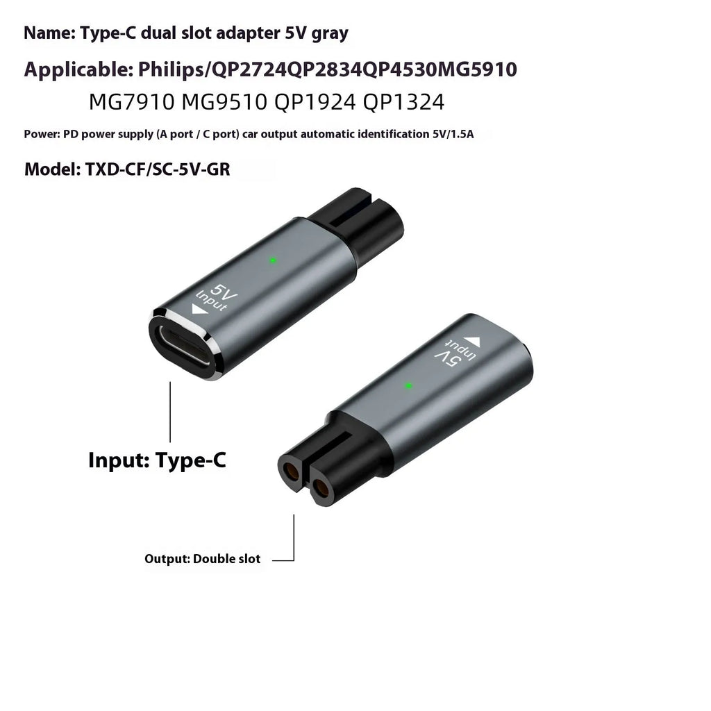 USB-C charging adapter for electric shavers with aluminium alloy housing in black or grey