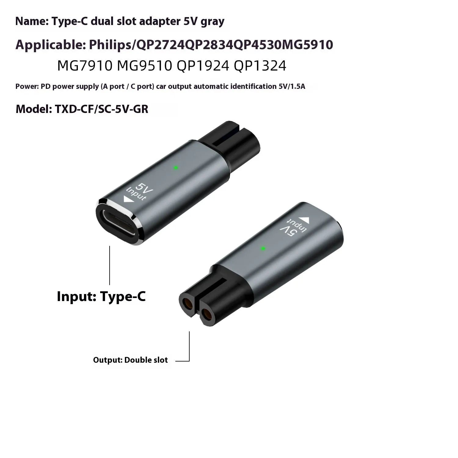 USB-C charging adapter for electric shavers with aluminium alloy housing in black or grey