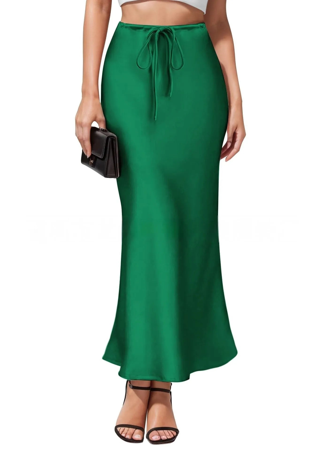 Asymmetric high-waist acetate satin skirt with irregular stitching in solid colour