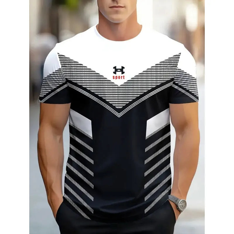 Men's loose fit short-sleeved T-shirt with digital 3D printed striped pattern in polyester fabric