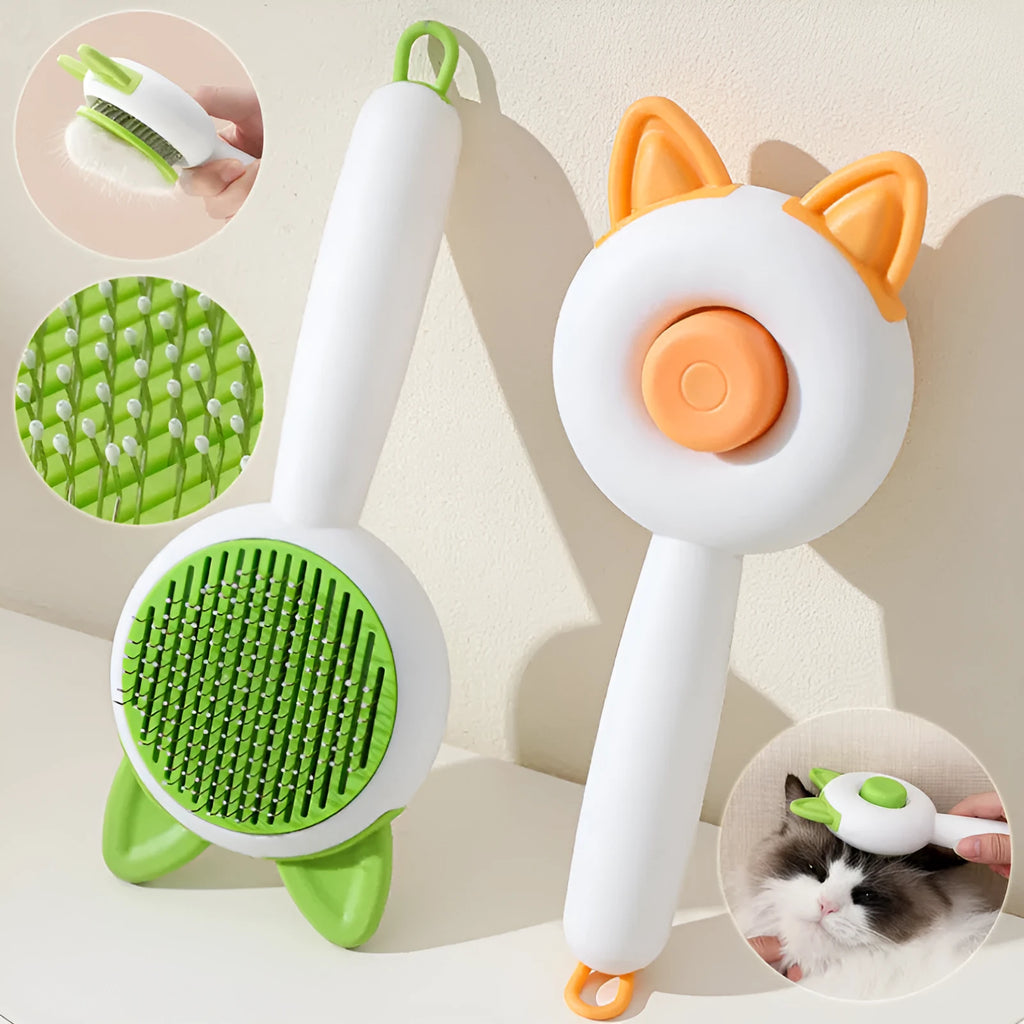 Self-cleaning pet hair removal massage comb with stainless steel teeth in greenish white colour