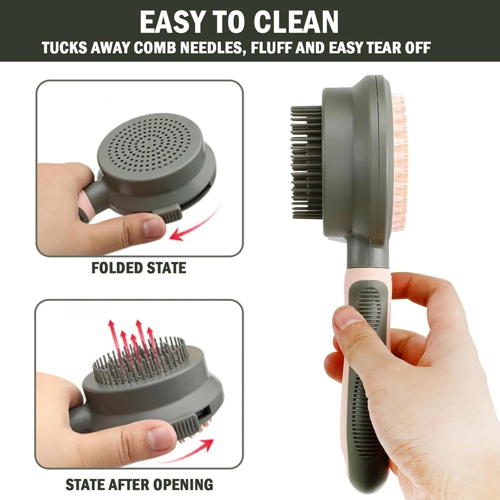 Double-sided reversible cat brush with flea comb in green or pink colour options