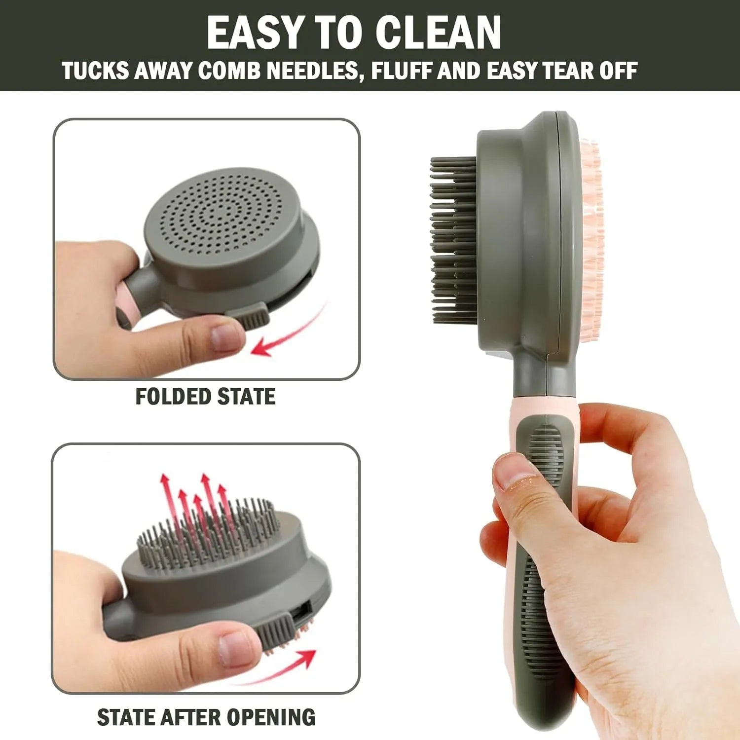 Double-sided reversible cat brush with flea comb in green or pink colour options