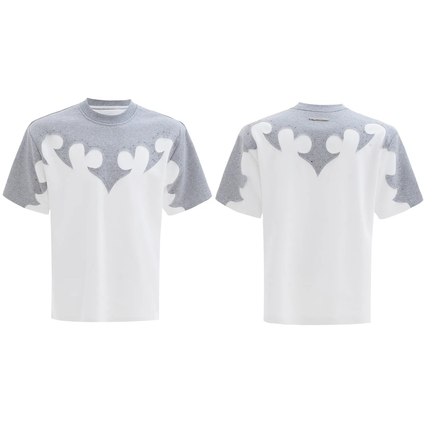 Men's grey short sleeve shirt with a raised burnt flower design and rhinestone detail on the chest.
