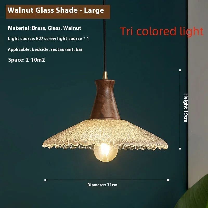 Retro wood and glass ceiling chandelier with brass finish for restaurant lighting