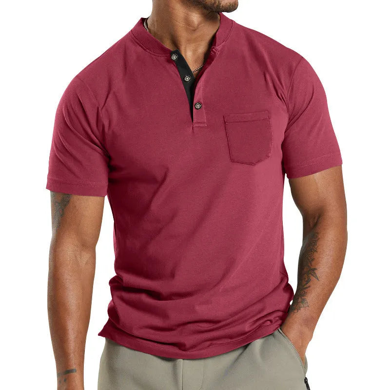Men's plus size short sleeve button pocket shirt in solid colour polyester fabric.
