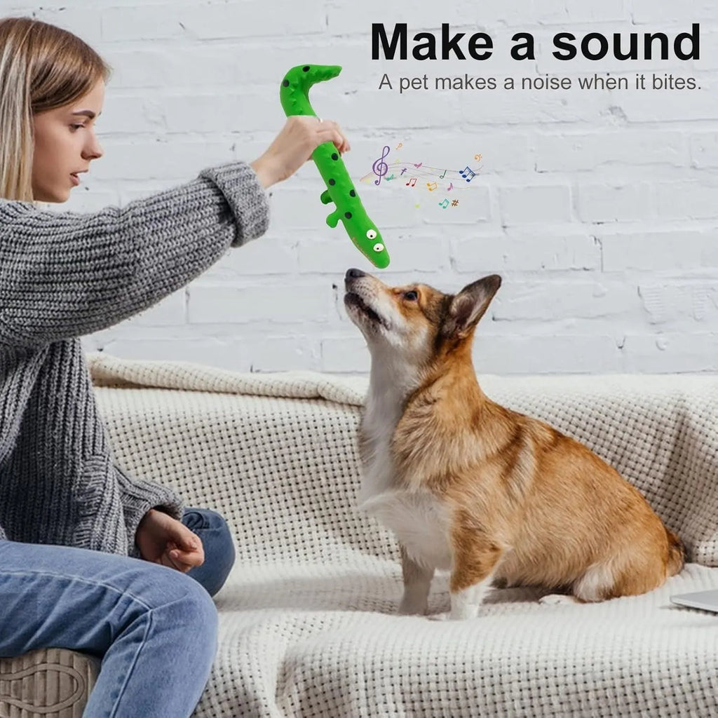 Green lizard-shaped latex dog chew toy with squeaker for aggressive chewing dogs