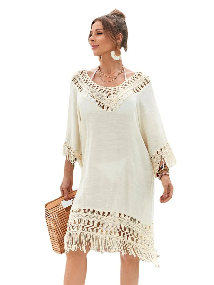 Apricot-coloured hand-crocheted women's beach dress for swimming, shown as a free-size garment.