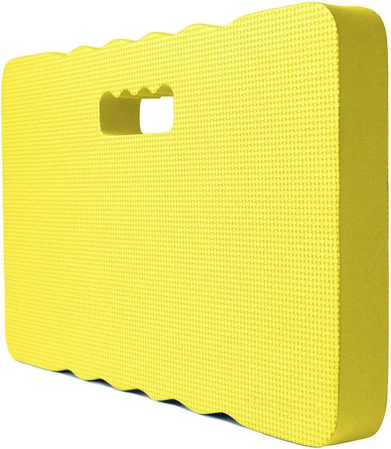 Blue EVA foam garden kneeler pad on soil, showing its 45 cm length and 4 cm thickness.
