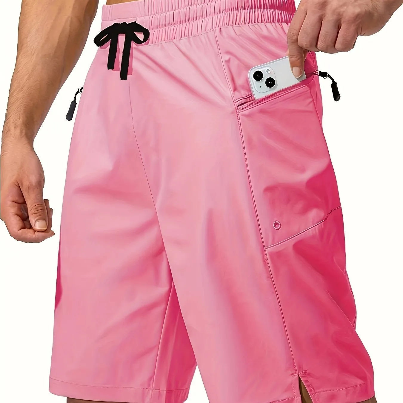 Men's solid colour quick-drying polyester beach shorts in straight cut