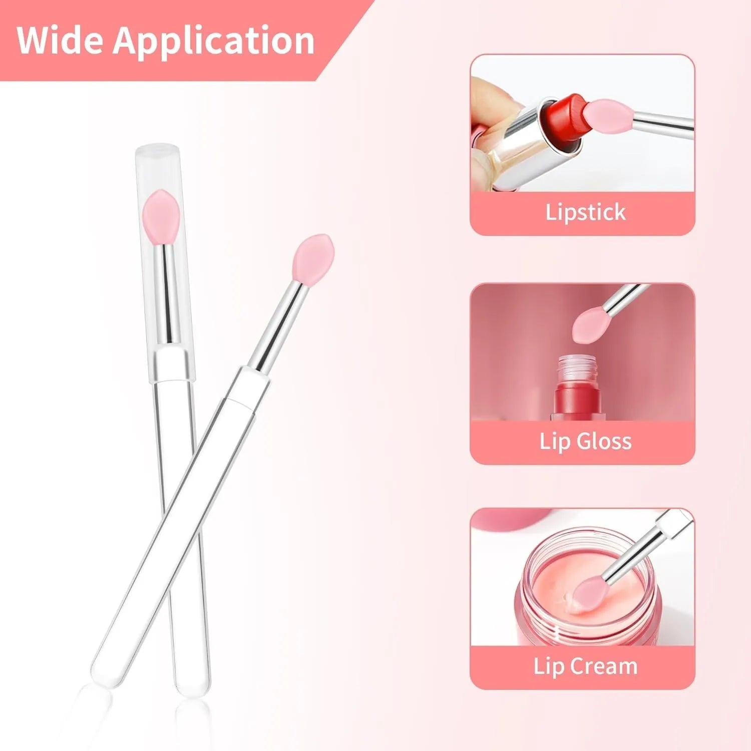 Set of eight colourful reusable silicone lip brushes with hygienic protective caps laid out.