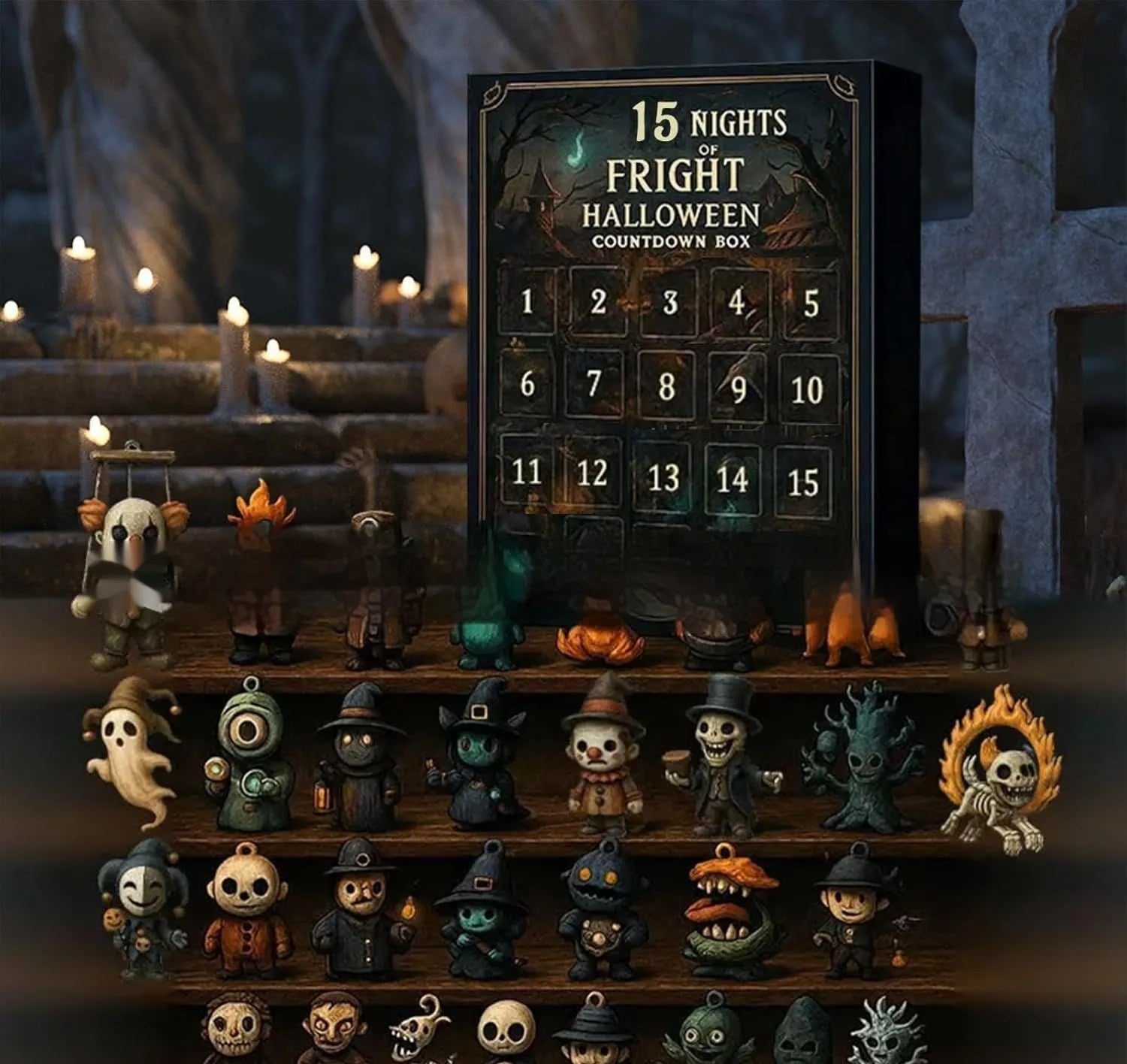 Halloween countdown calendar box with horror doll collectibles in resin and plastic construction