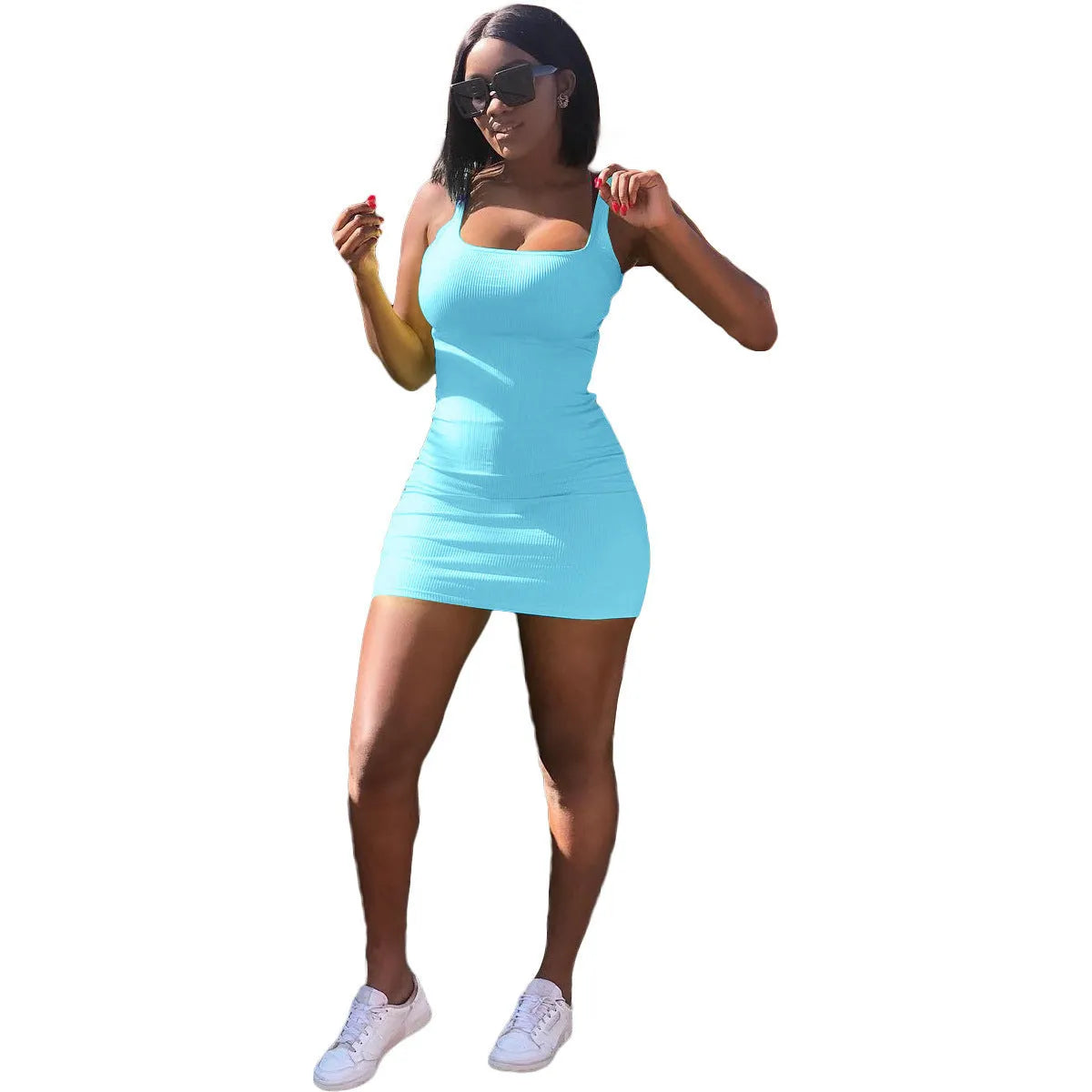 Casual slim fit dress with big U-neck, sunken stripes, princess sleeves, and straps in light green.