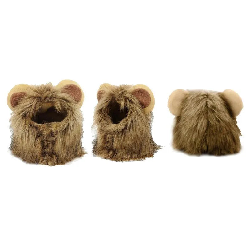 Lion mane wig for cats on a pet, showing adjustable band and realistic artificial hair.