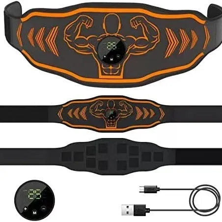 Smart EMS Massage Belt fitness equipment with blue host, main belt, and arm stickers on a grey background.