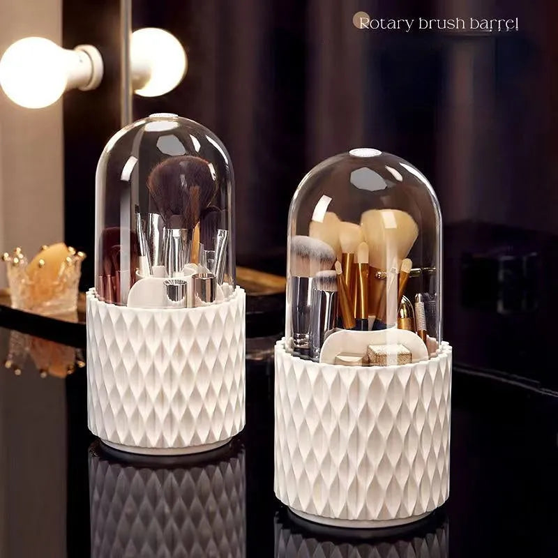 White acrylic makeup brush storage box with transparent design and rotating base
