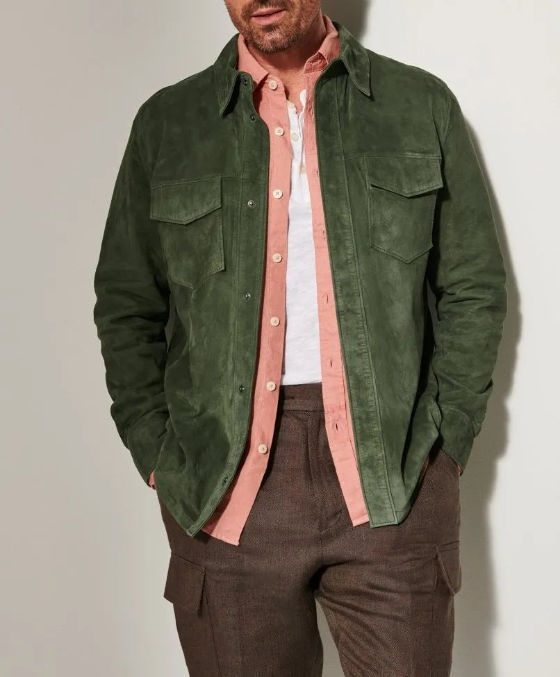 Noah suede shirt jacket for men in brown, front view, polyester fibre regular length